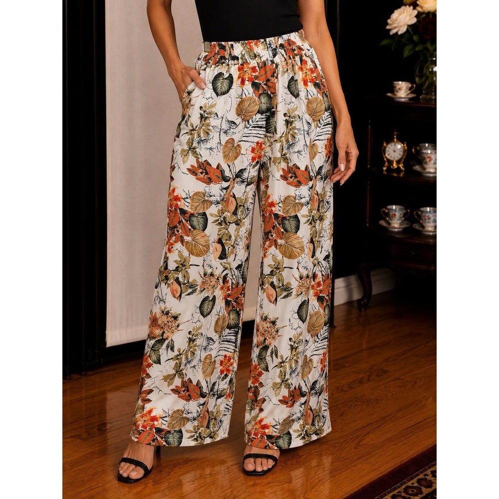 SHEIN XS Floral Botanical Wide Leg Pants Elastic Waist